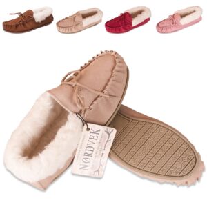 nordvek womens sheepskin suede moccasin slippers with rubber sole 417 100