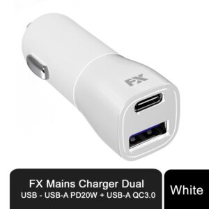 fx mains charger dual usb, usb a pd20w + usb a qc3.0 fast charger white