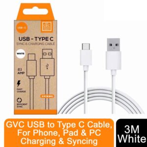 gvc usb to type c cable, for phone, pad & pc charging & syncing, 3m white