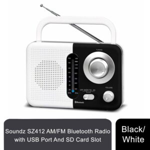 soundz sz412 am/fm bluetooth radio with usb port and sd card slot, black/white