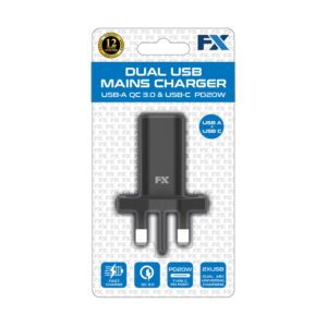 fx dual uk main charger usb c and usb a, white