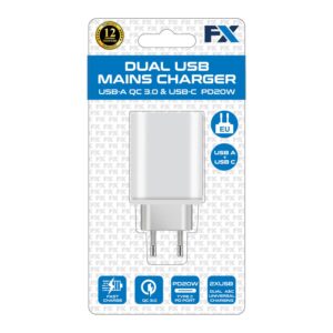 fx dual eu main charger usb c and usb a, white