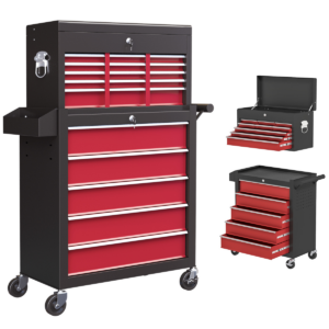 homcom rolling tool chest lockable roller cabinet with with 14 drawers red